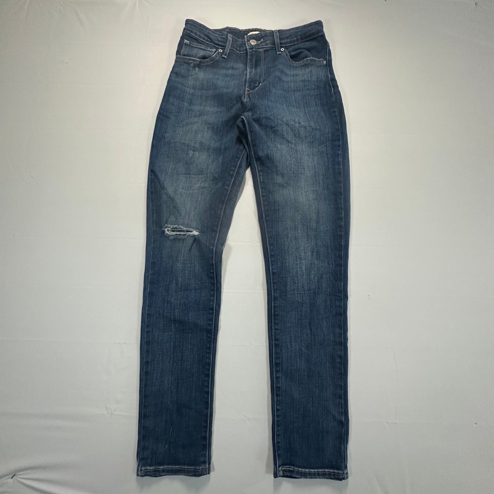 Levis 721 High Rise Skinny Jeans Womens 29 Blue Distressed Denim Dark Wash